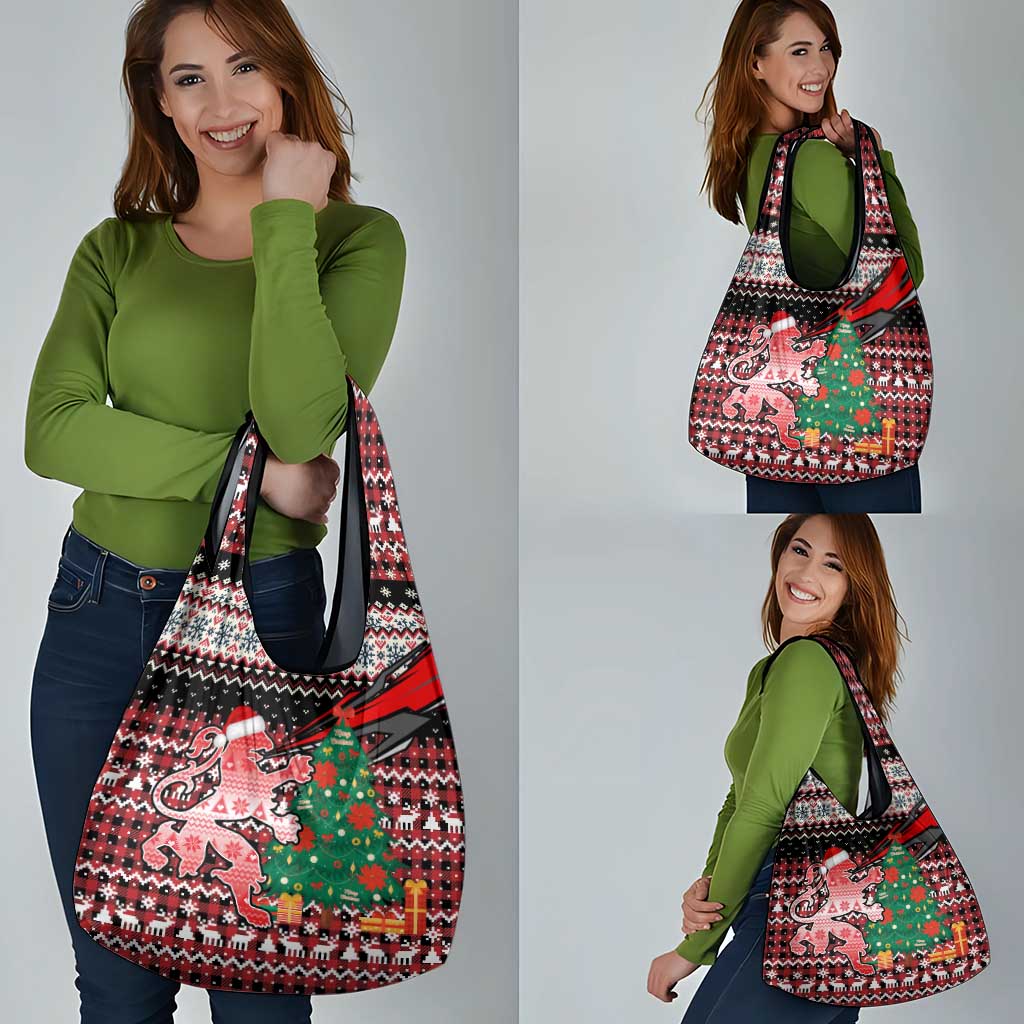 Latvia Christmas Grocery Bag with Red Lion, Holiday Tree, and Nordic Pattern Design - Wonder Print Shop