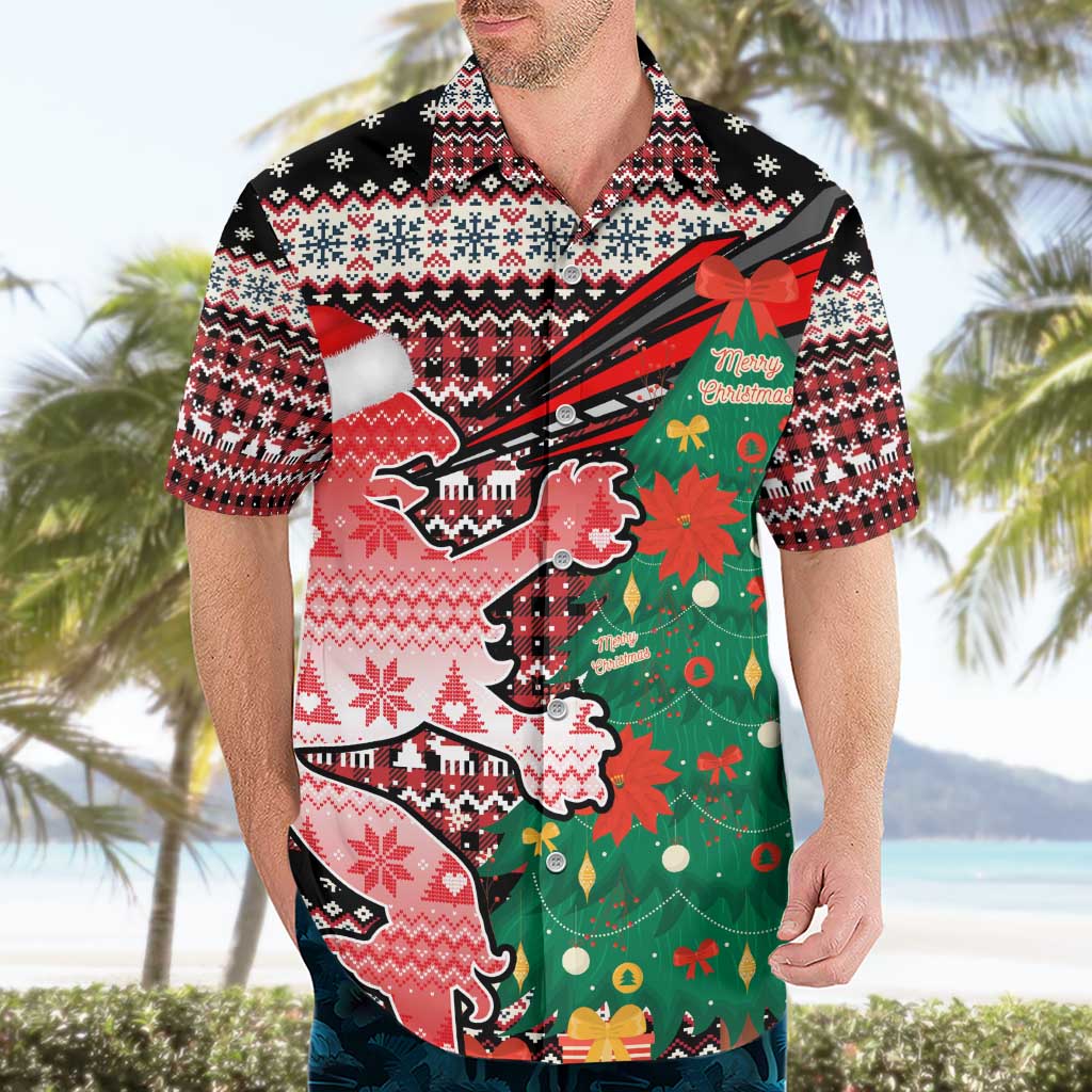 Latvia Christmas Hawaiian Shirt with Red Lion, Holiday Tree, and Nordic Pattern Design - Wonder Print Shop