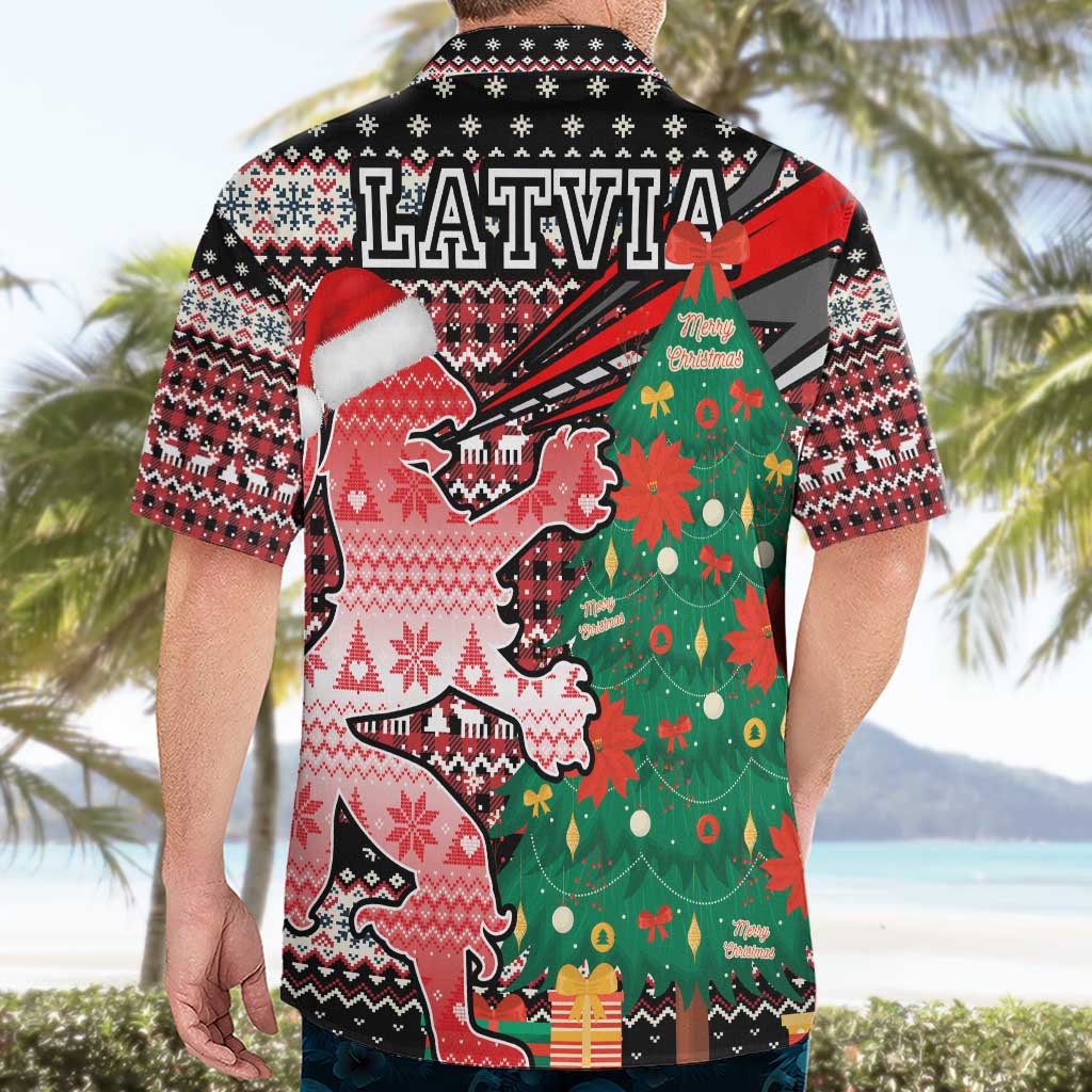 Latvia Christmas Hawaiian Shirt with Red Lion, Holiday Tree, and Nordic Pattern Design - Wonder Print Shop