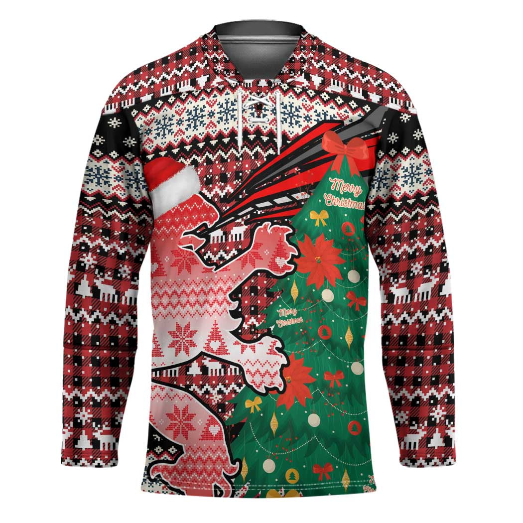 Latvia Christmas Hockey Jersey with Red Lion, Holiday Tree, and Nordic Pattern Design - Wonder Print Shop