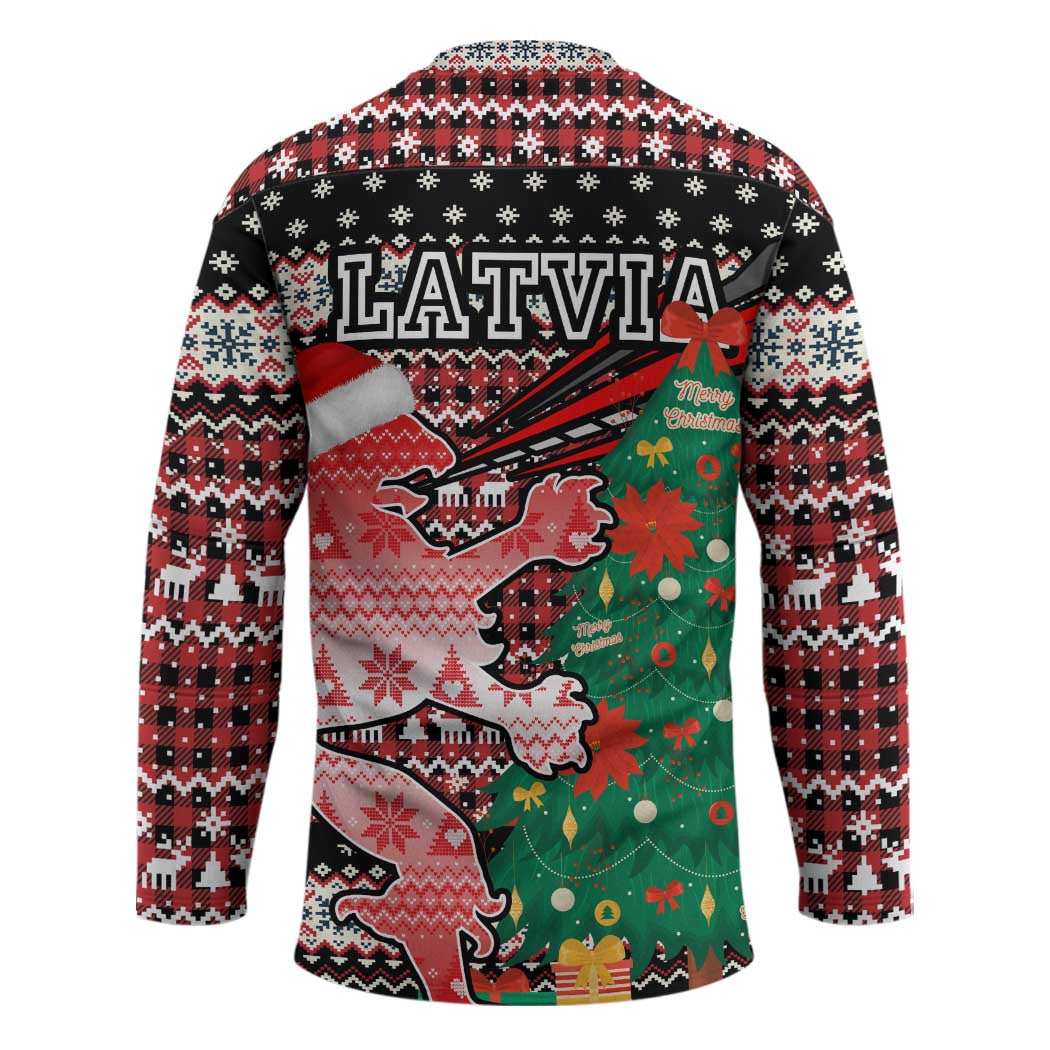 Latvia Christmas Hockey Jersey with Red Lion, Holiday Tree, and Nordic Pattern Design - Wonder Print Shop