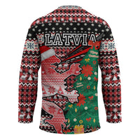 Latvia Christmas Hockey Jersey with Red Lion, Holiday Tree, and Nordic Pattern Design - Wonder Print Shop