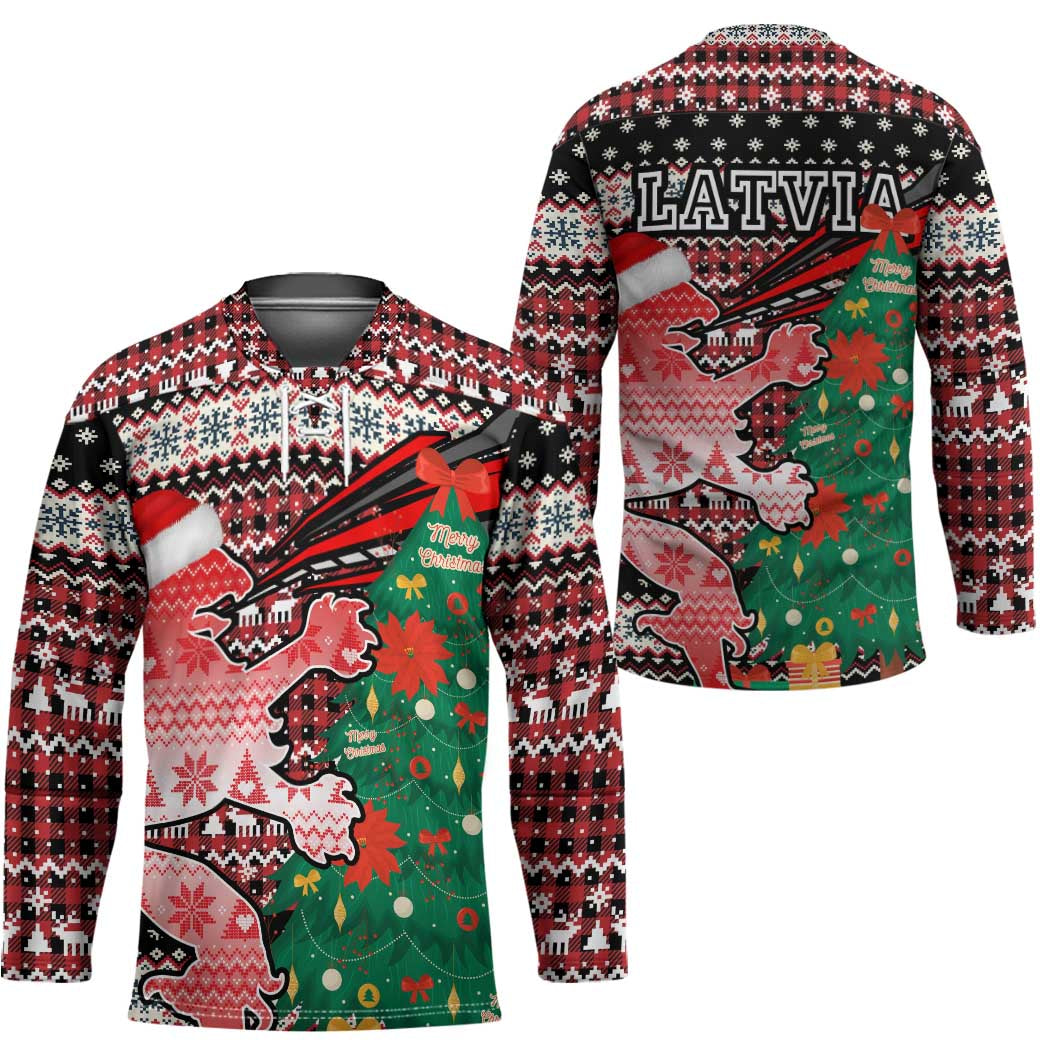 Latvia Christmas Hockey Jersey with Red Lion, Holiday Tree, and Nordic Pattern Design - Wonder Print Shop
