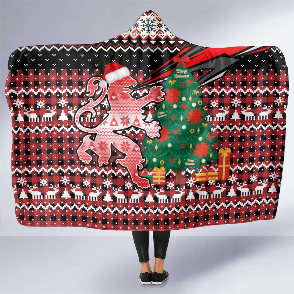 Latvia Christmas Hooded Blanket with Red Lion, Holiday Tree, and Nordic Pattern Design - Wonder Print Shop