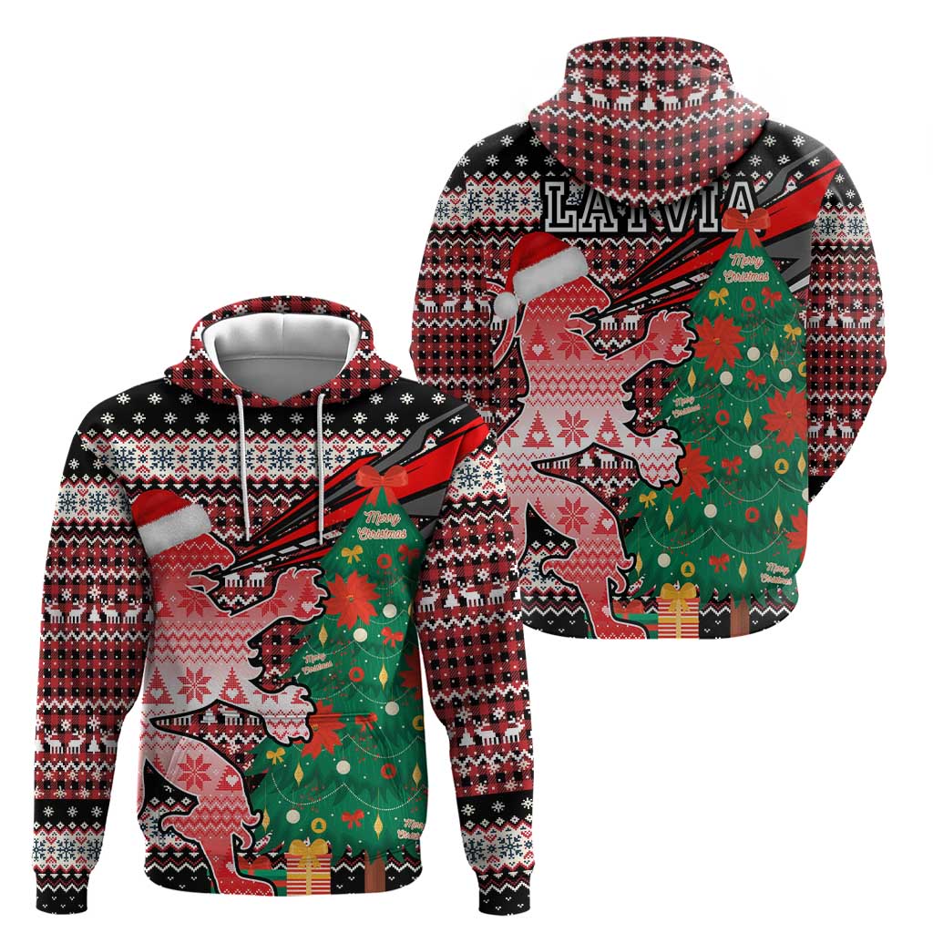 Latvia Christmas Hoodie with Red Lion, Holiday Tree, and Nordic Pattern Design - Wonder Print Shop
