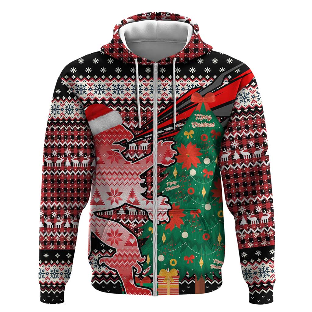 Latvia Christmas Hoodie with Red Lion, Holiday Tree, and Nordic Pattern Design - Wonder Print Shop