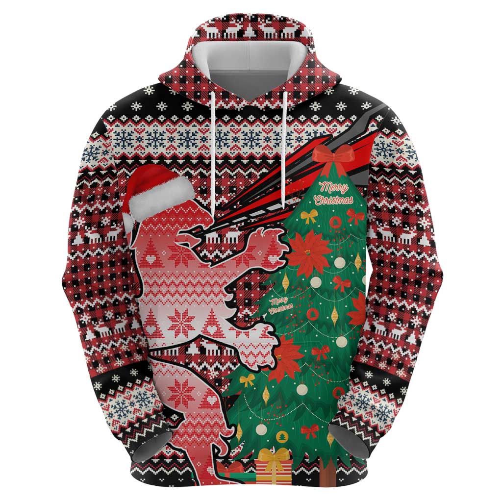 Latvia Christmas Hoodie with Red Lion, Holiday Tree, and Nordic Pattern Design - Wonder Print Shop