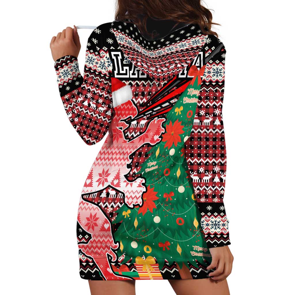 Latvia Christmas Hoodie Dress with Red Lion, Holiday Tree, and Nordic Pattern Design - Wonder Print Shop