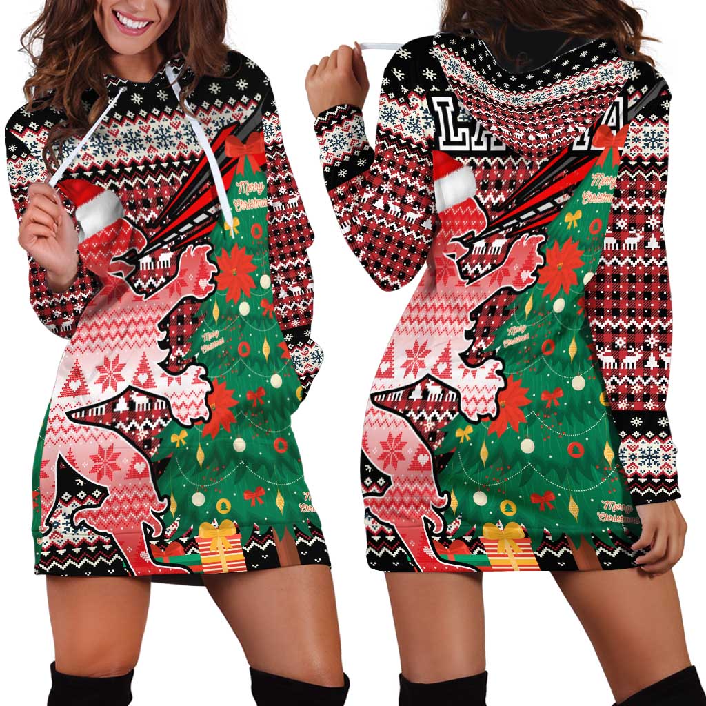 Latvia Christmas Hoodie Dress with Red Lion, Holiday Tree, and Nordic Pattern Design - Wonder Print Shop
