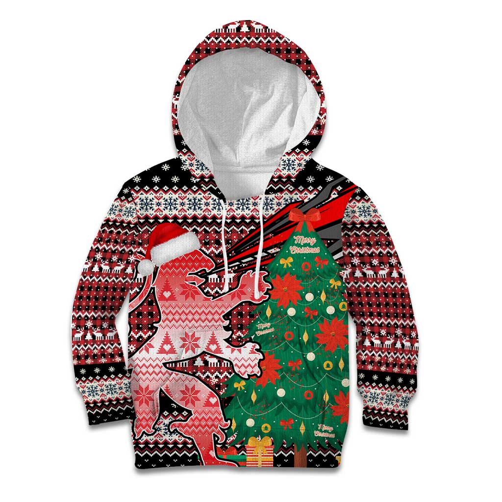 Latvia Christmas Kid Hoodie with Red Lion, Holiday Tree, and Nordic Pattern Design - Wonder Print Shop