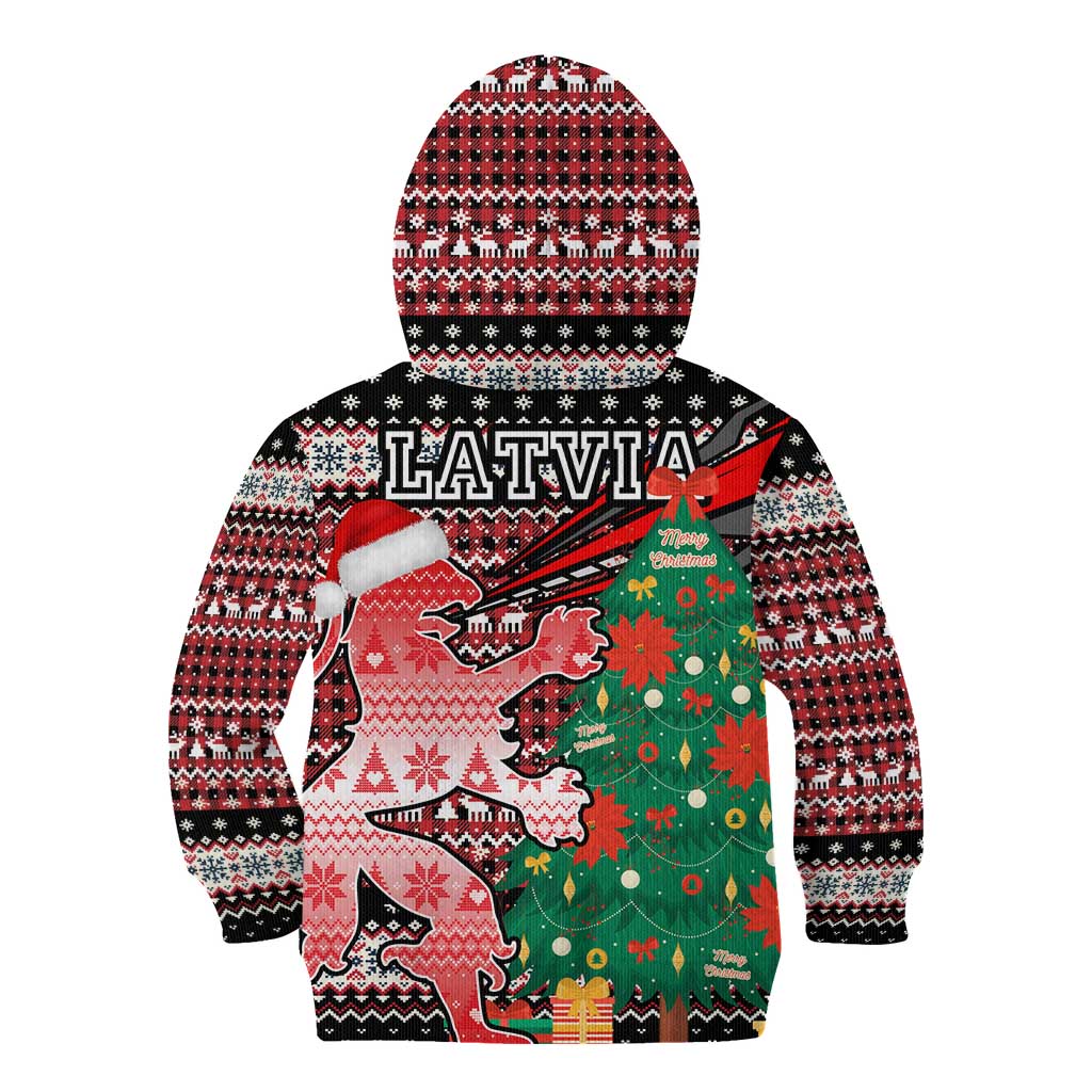 Latvia Christmas Kid Hoodie with Red Lion, Holiday Tree, and Nordic Pattern Design - Wonder Print Shop