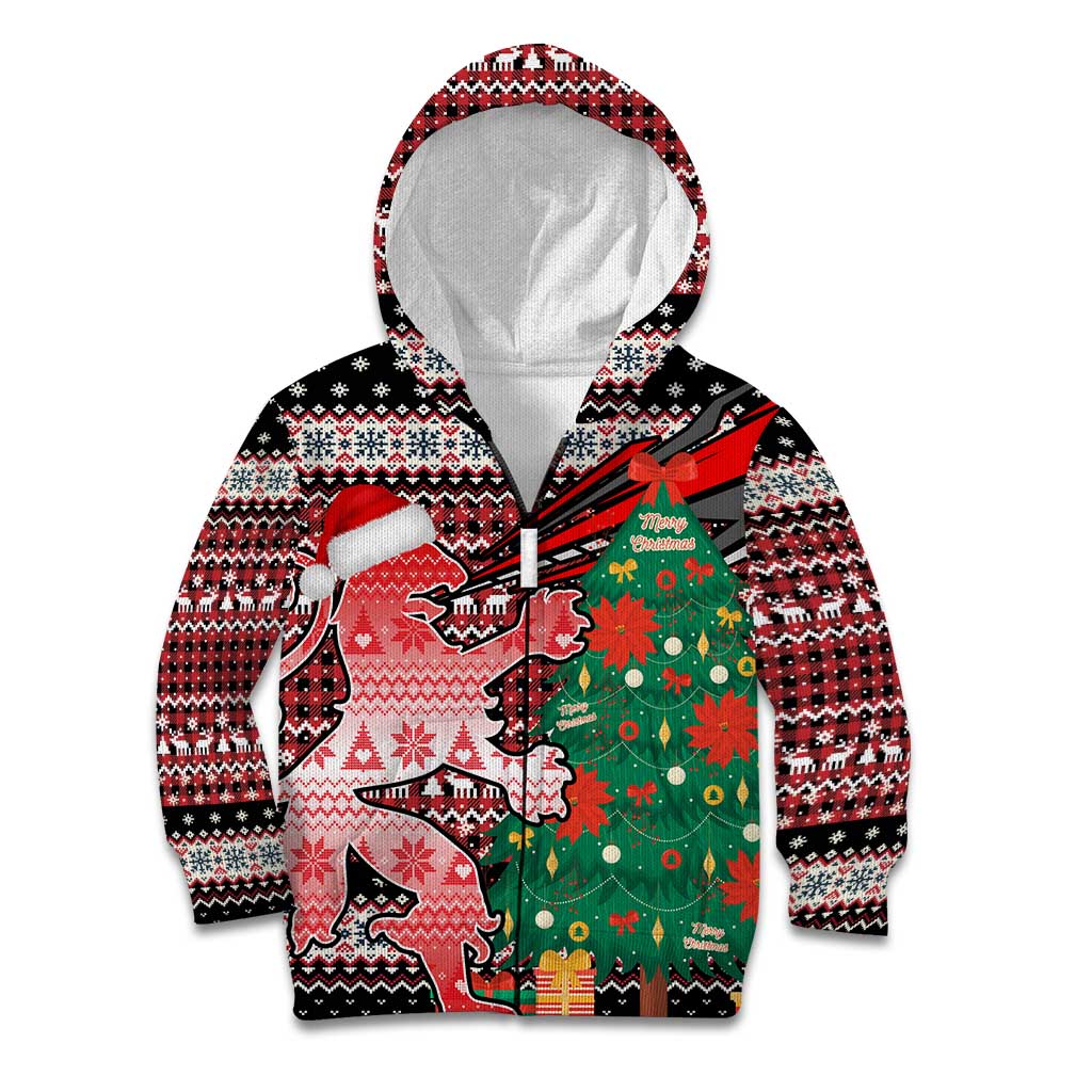 Latvia Christmas Kid Hoodie with Red Lion, Holiday Tree, and Nordic Pattern Design - Wonder Print Shop