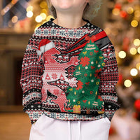 Latvia Christmas Kid Ugly Christmas Sweater with Red Lion, Holiday Tree, and Nordic Pattern Design - Wonder Print Shop