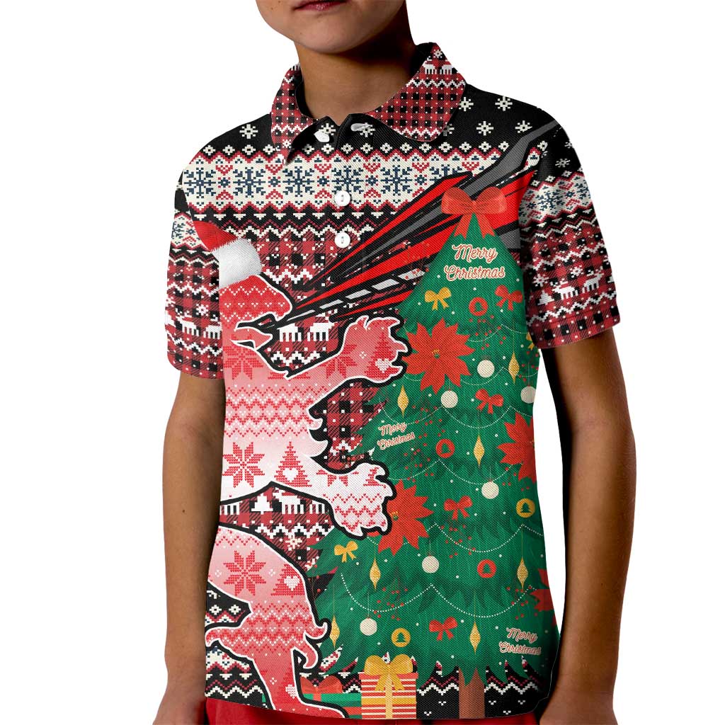 Latvia Christmas Kid Polo Shirt with Red Lion, Holiday Tree, and Nordic Pattern Design - Wonder Print Shop
