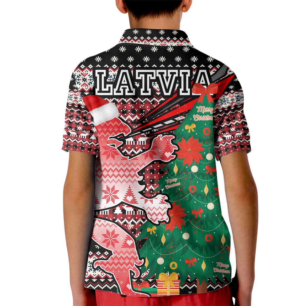 Latvia Christmas Kid Polo Shirt with Red Lion, Holiday Tree, and Nordic Pattern Design - Wonder Print Shop