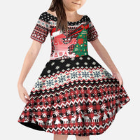 Latvia Christmas Kid Short Sleeve Dress with Red Lion, Holiday Tree, and Nordic Pattern Design - Wonder Print Shop
