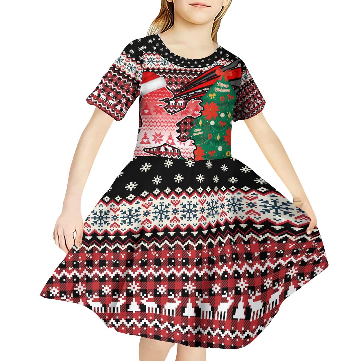 Latvia Christmas Kid Short Sleeve Dress with Red Lion, Holiday Tree, and Nordic Pattern Design - Wonder Print Shop