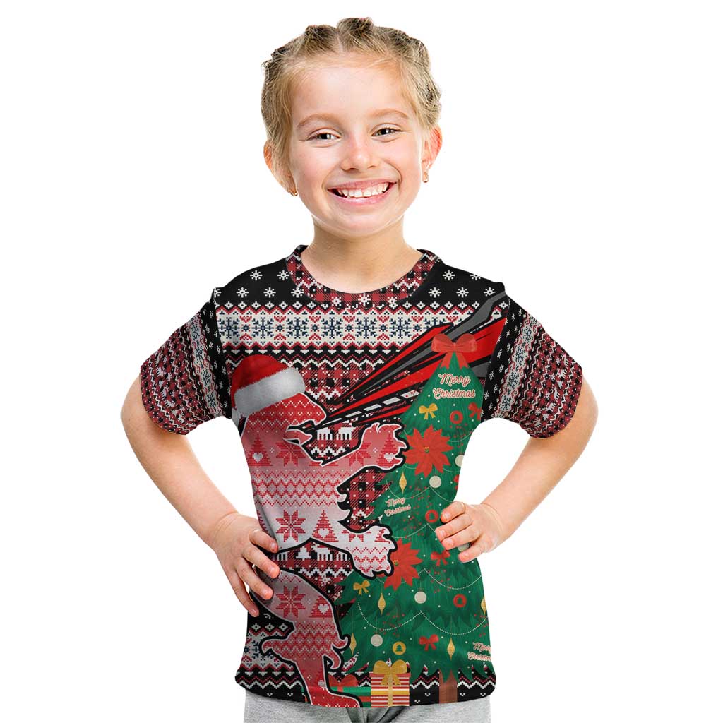 Latvia Christmas Kid T Shirt with Red Lion, Holiday Tree, and Nordic Pattern Design - Wonder Print Shop