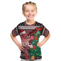 Latvia Christmas Kid T Shirt with Red Lion, Holiday Tree, and Nordic Pattern Design - Wonder Print Shop