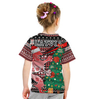 Latvia Christmas Kid T Shirt with Red Lion, Holiday Tree, and Nordic Pattern Design - Wonder Print Shop