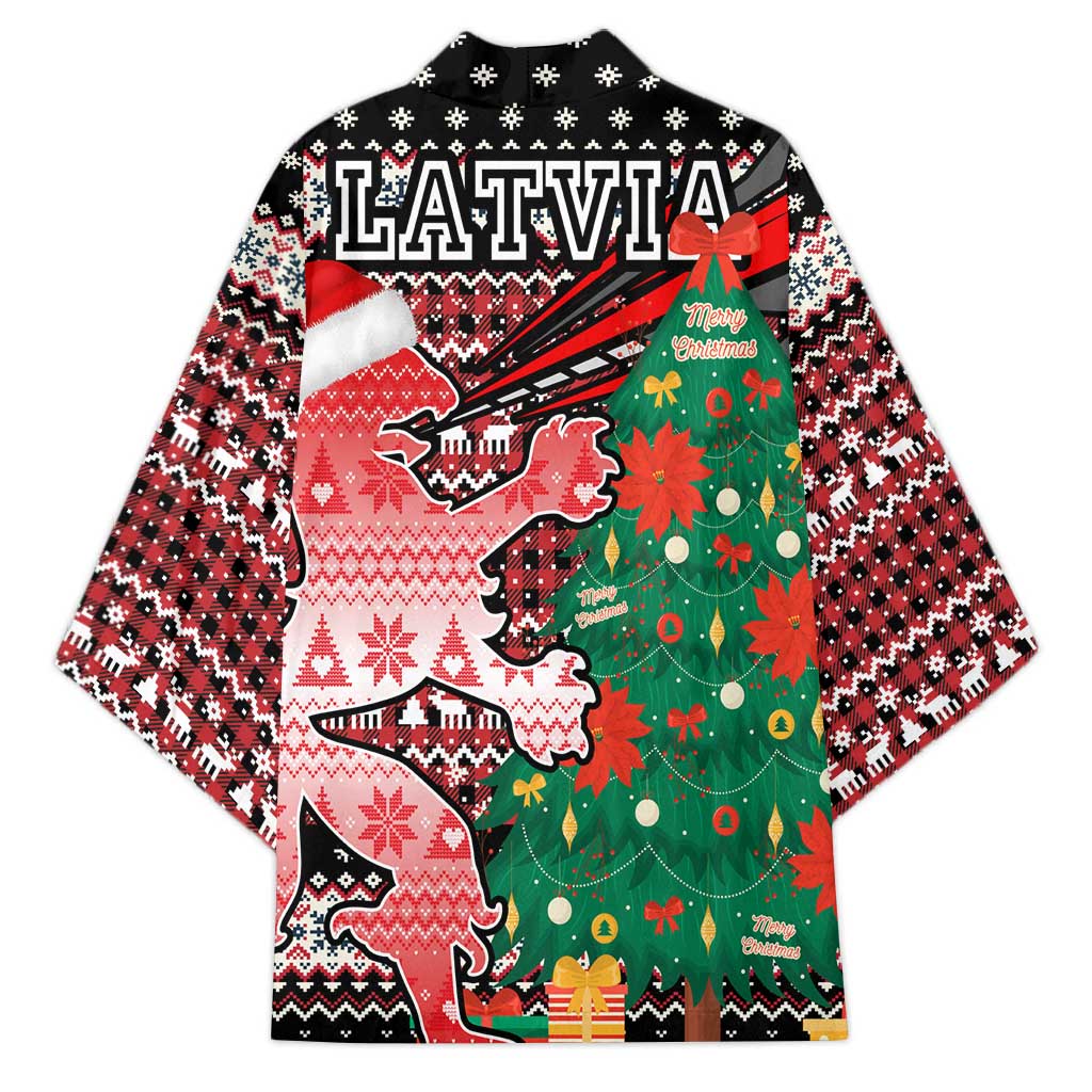 Latvia Christmas Kimono with Red Lion, Holiday Tree, and Nordic Pattern Design - Wonder Print Shop