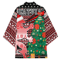 Latvia Christmas Kimono with Red Lion, Holiday Tree, and Nordic Pattern Design - Wonder Print Shop