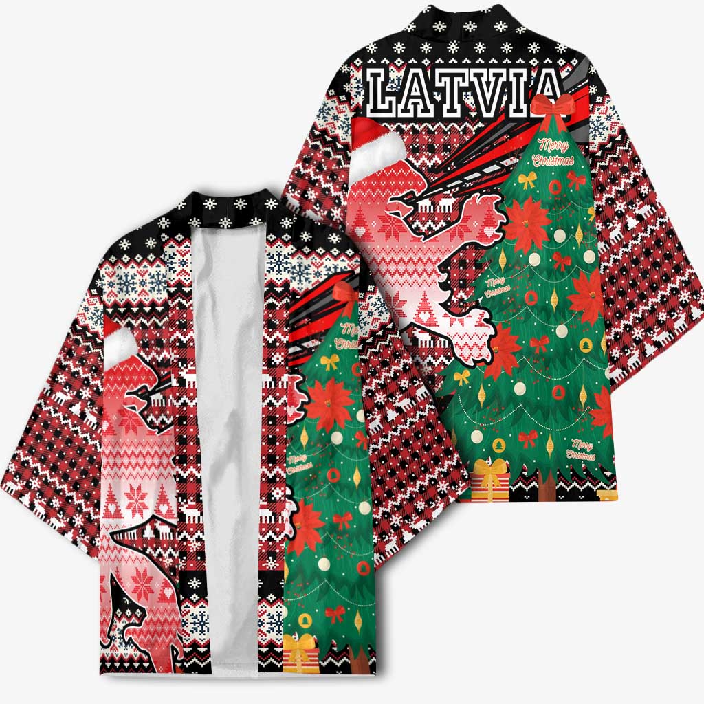 Latvia Christmas Kimono with Red Lion, Holiday Tree, and Nordic Pattern Design - Wonder Print Shop