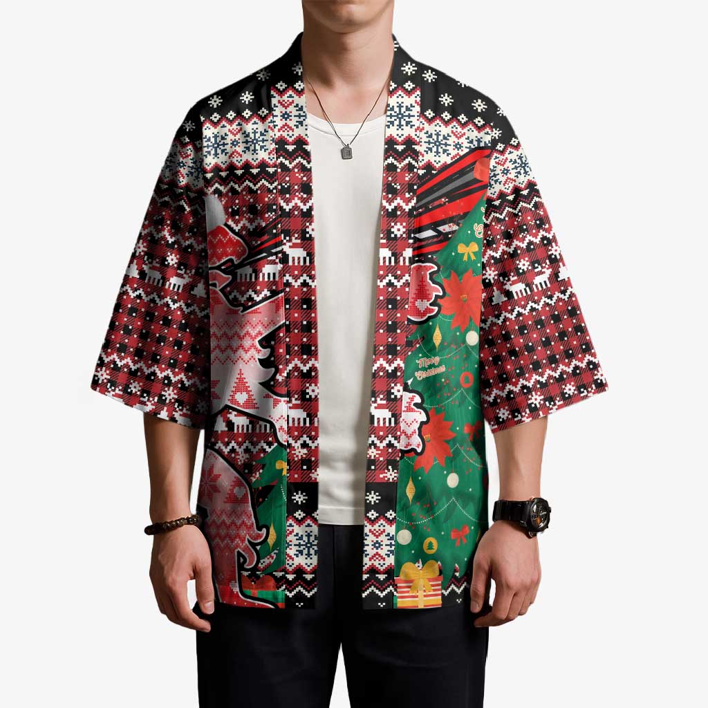 Latvia Christmas Kimono with Red Lion, Holiday Tree, and Nordic Pattern Design - Wonder Print Shop