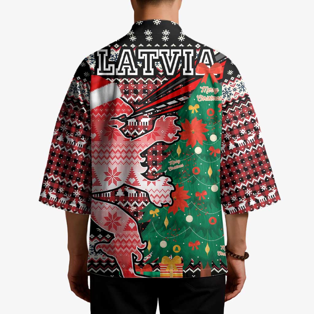 Latvia Christmas Kimono with Red Lion, Holiday Tree, and Nordic Pattern Design - Wonder Print Shop