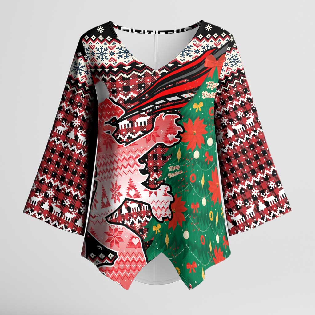 Latvia Christmas Kimono Sleeve Blouse with Red Lion, Holiday Tree, and Nordic Pattern Design - Wonder Print Shop