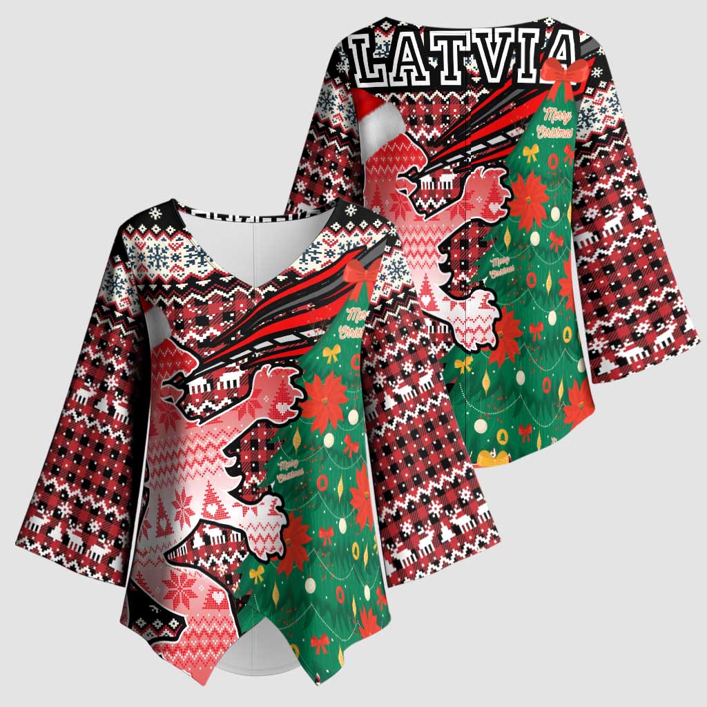 Latvia Christmas Kimono Sleeve Blouse with Red Lion, Holiday Tree, and Nordic Pattern Design - Wonder Print Shop