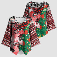 Latvia Christmas Kimono Sleeve Blouse with Red Lion, Holiday Tree, and Nordic Pattern Design - Wonder Print Shop