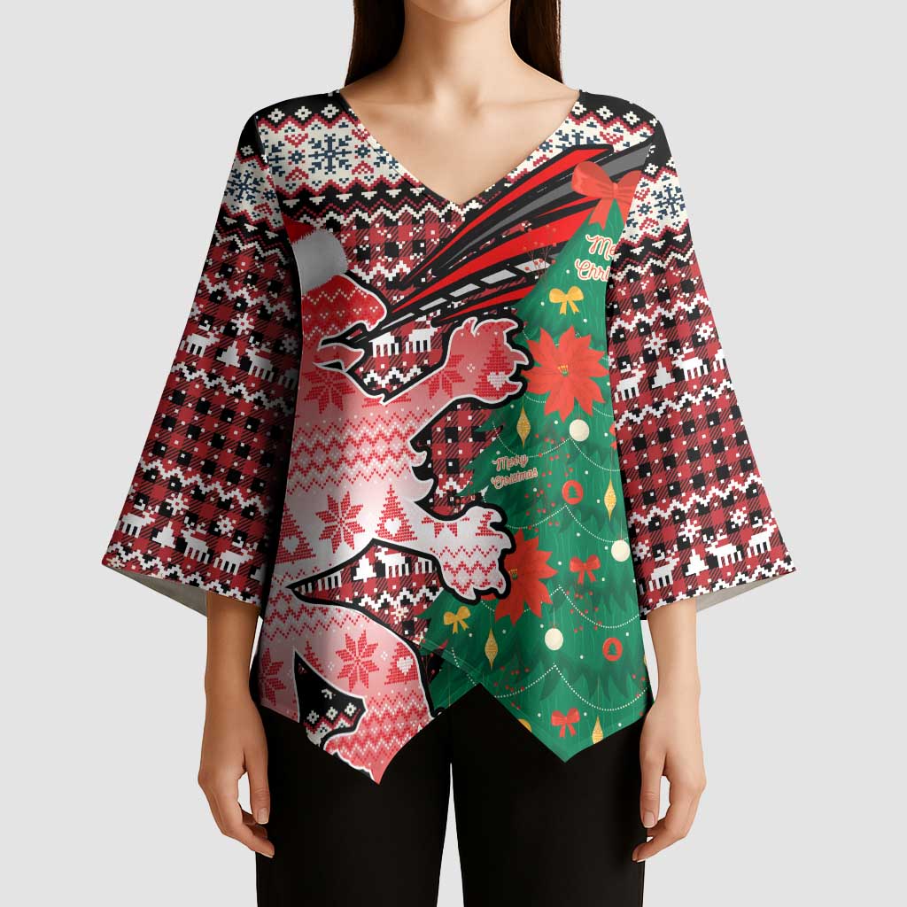 Latvia Christmas Kimono Sleeve Blouse with Red Lion, Holiday Tree, and Nordic Pattern Design - Wonder Print Shop