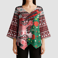 Latvia Christmas Kimono Sleeve Blouse with Red Lion, Holiday Tree, and Nordic Pattern Design - Wonder Print Shop