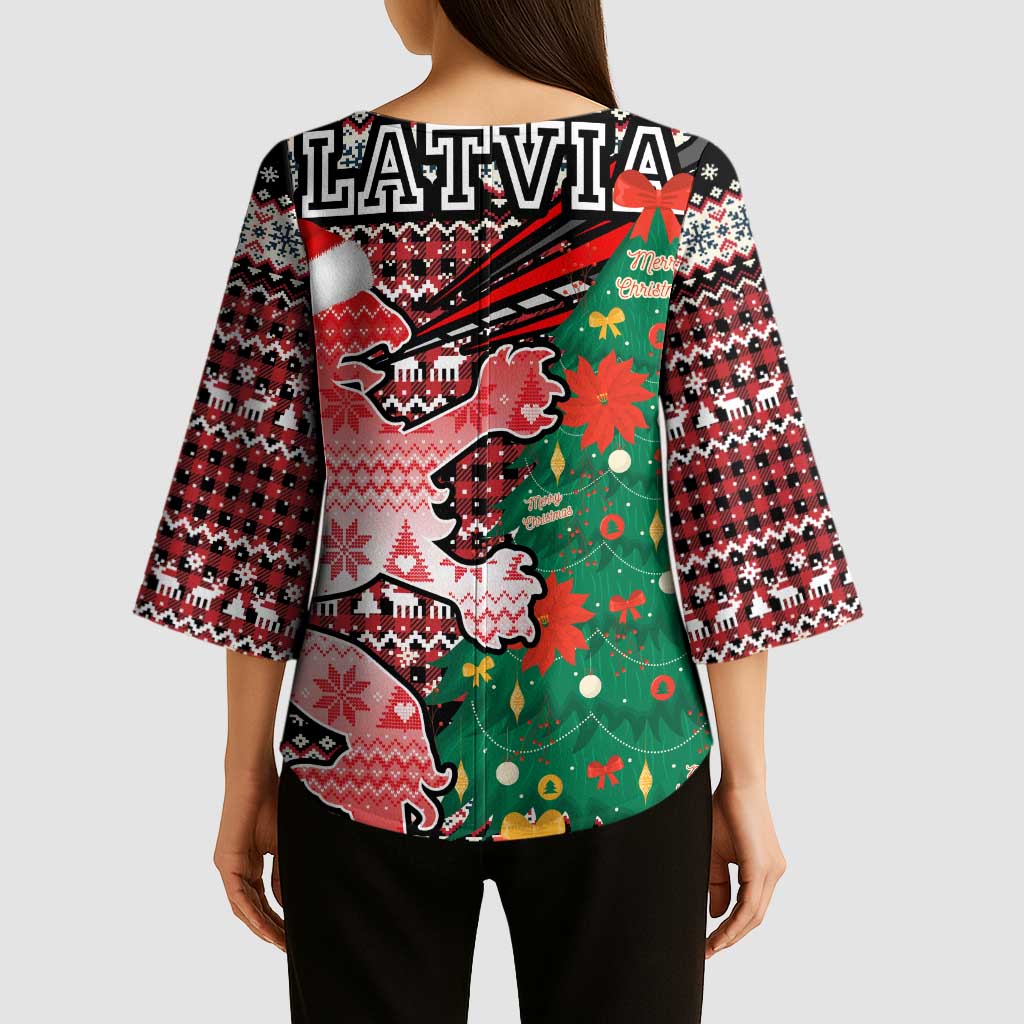 Latvia Christmas Kimono Sleeve Blouse with Red Lion, Holiday Tree, and Nordic Pattern Design - Wonder Print Shop
