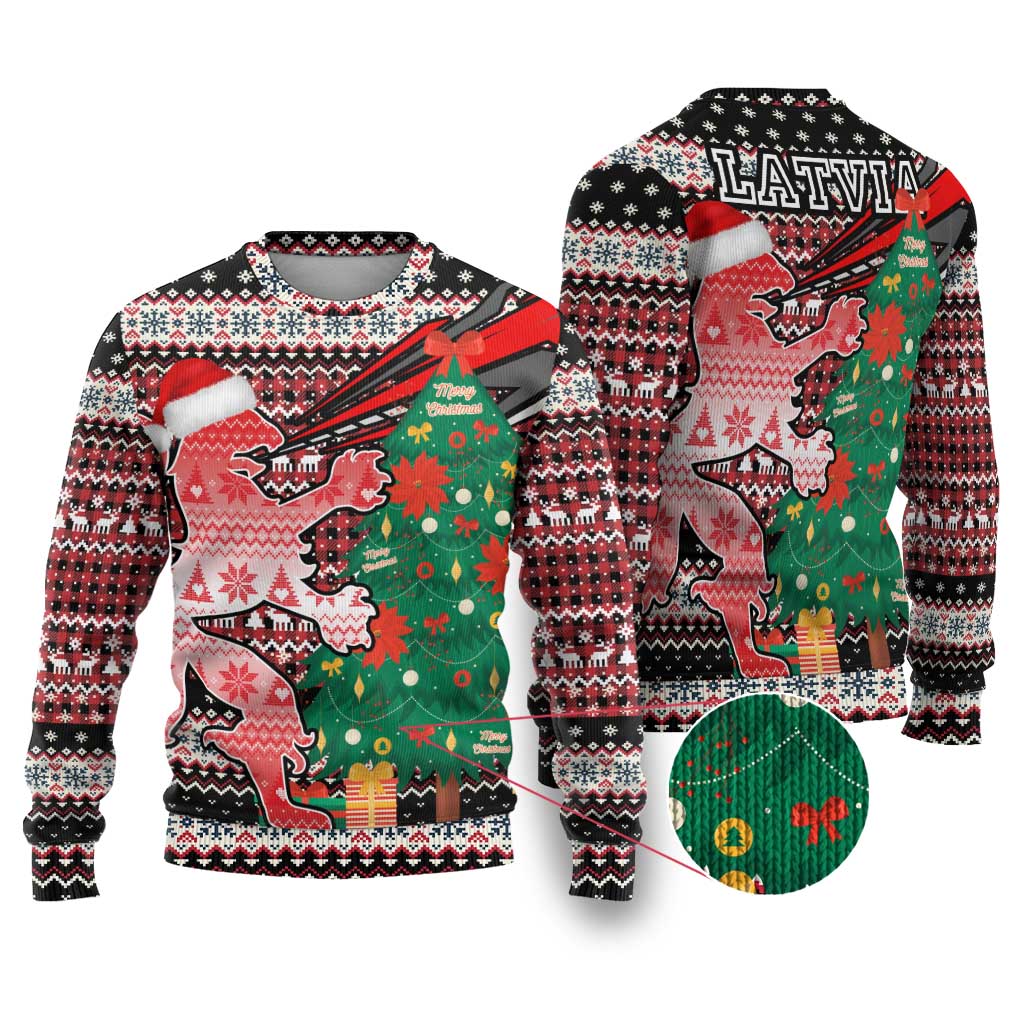 Latvia Christmas Ugly Christmas Sweater with Red Lion, Holiday Tree, and Nordic Pattern Design - Wonder Print Shop