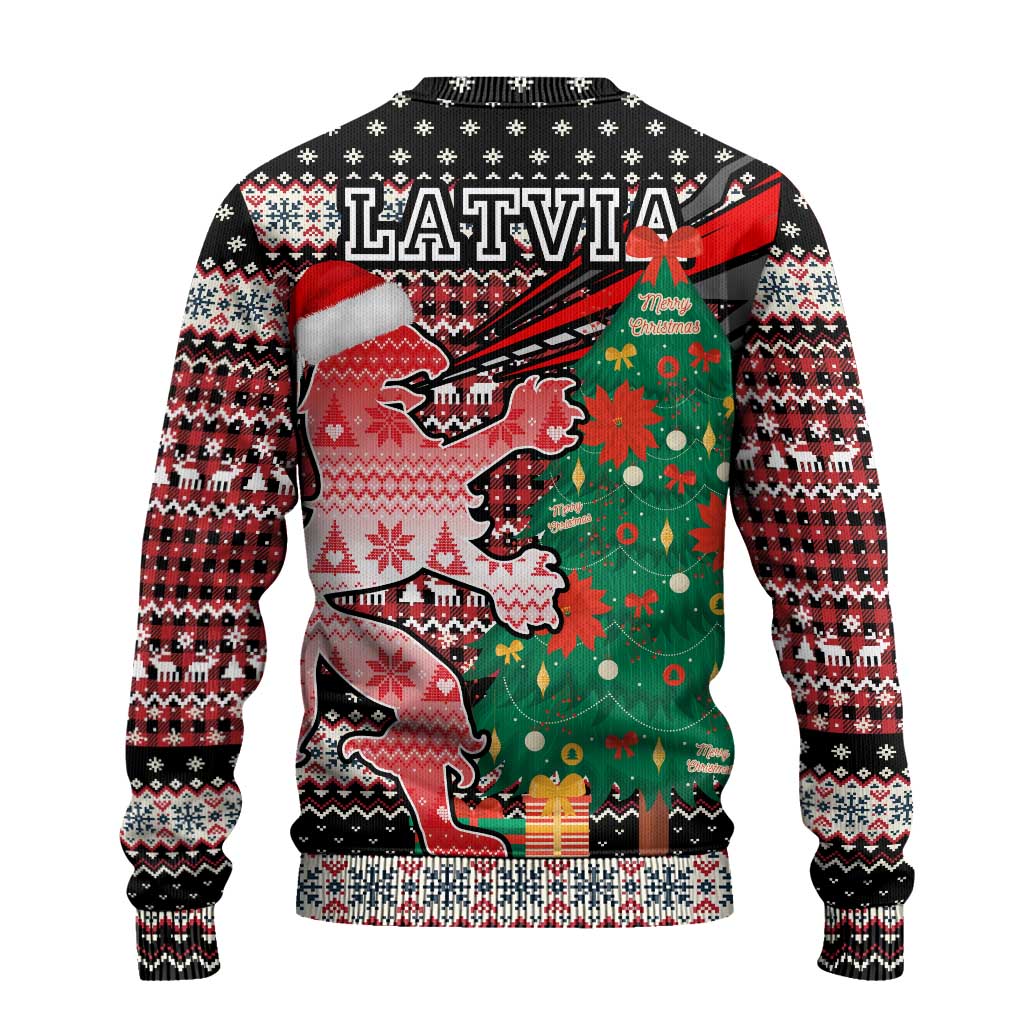 Latvia Christmas Ugly Christmas Sweater with Red Lion, Holiday Tree, and Nordic Pattern Design - Wonder Print Shop