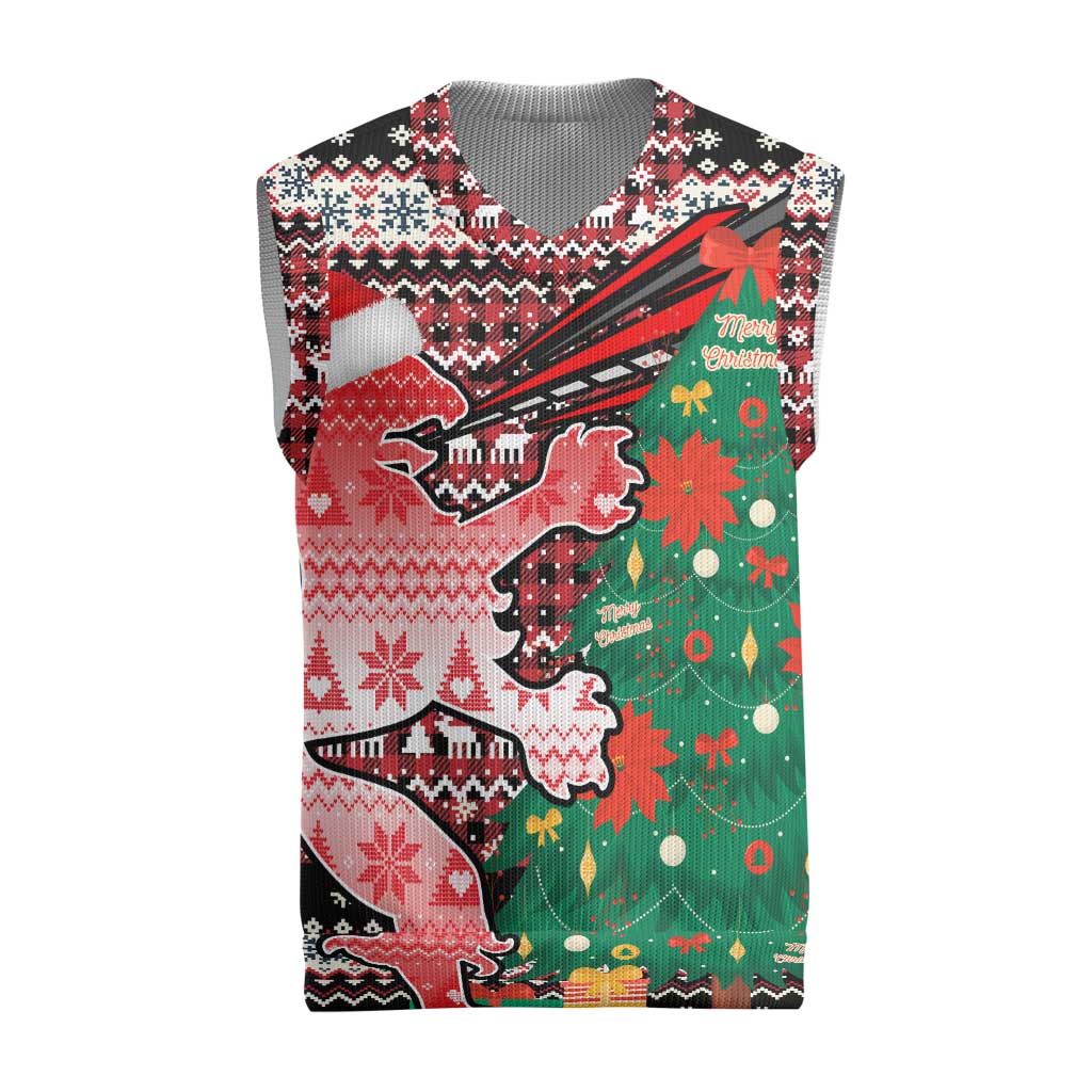 Latvia Christmas Knitted V-Neck Vest with Red Lion, Holiday Tree, and Nordic Pattern Design - Wonder Print Shop