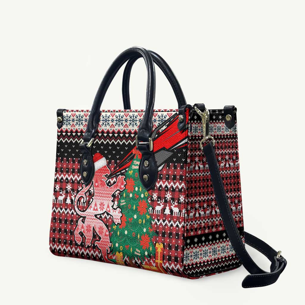 Latvia Christmas Leather Bag with Red Lion, Holiday Tree, and Nordic Pattern Design - Wonder Print Shop