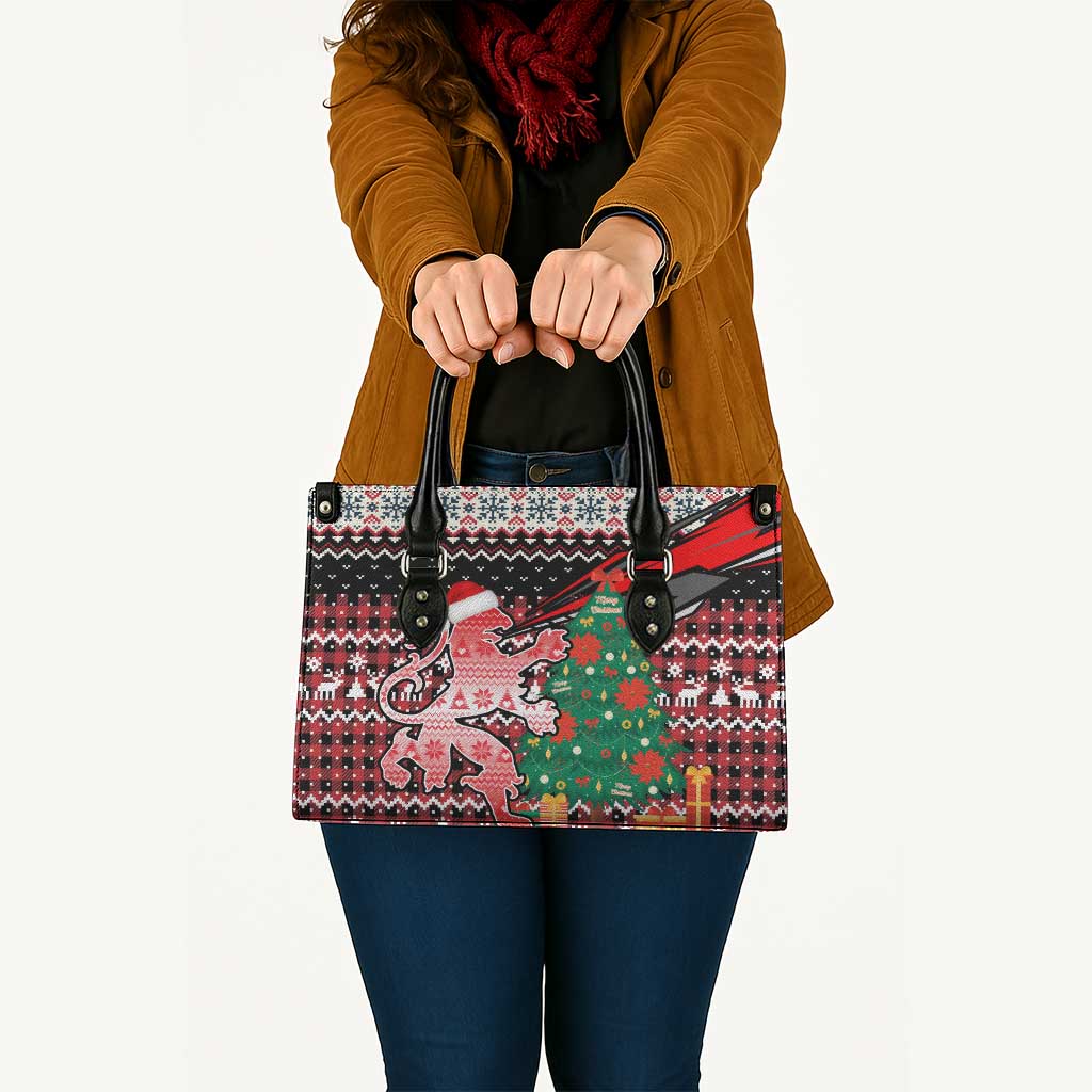 Latvia Christmas Leather Bag with Red Lion, Holiday Tree, and Nordic Pattern Design - Wonder Print Shop