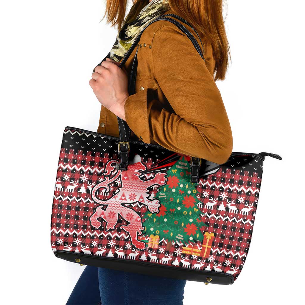 Latvia Christmas Leather Tote Bag with Red Lion, Holiday Tree, and Nordic Pattern Design - Wonder Print Shop