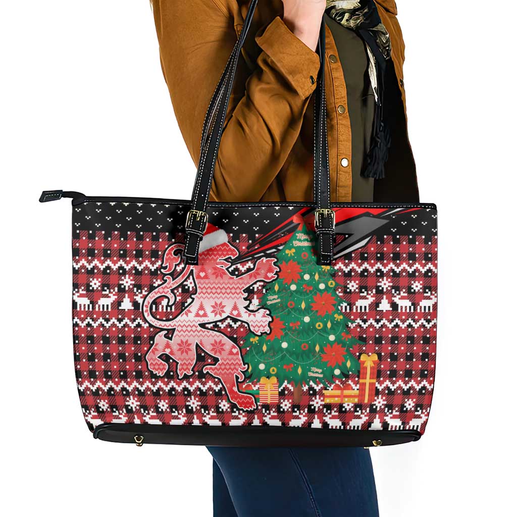 Latvia Christmas Leather Tote Bag with Red Lion, Holiday Tree, and Nordic Pattern Design - Wonder Print Shop