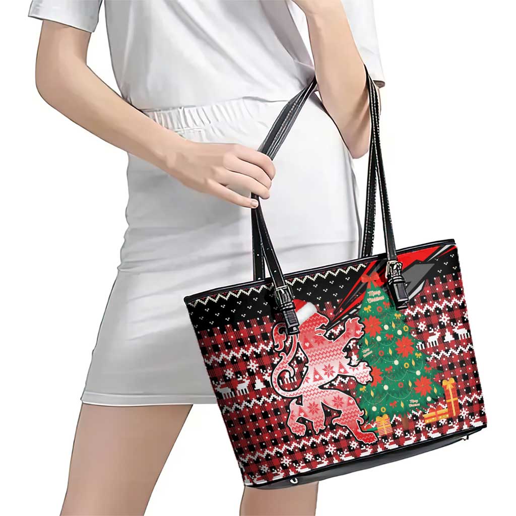 Latvia Christmas Leather Tote Bag with Red Lion, Holiday Tree, and Nordic Pattern Design - Wonder Print Shop