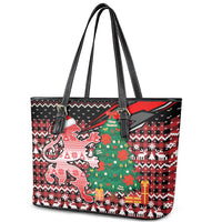 Latvia Christmas Leather Tote Bag with Red Lion, Holiday Tree, and Nordic Pattern Design - Wonder Print Shop