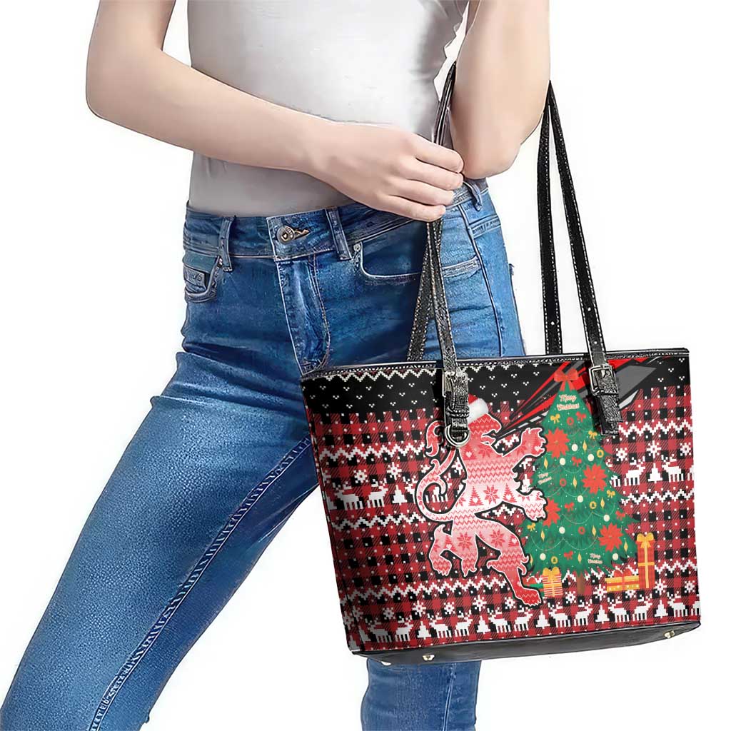 Latvia Christmas Leather Tote Bag with Red Lion, Holiday Tree, and Nordic Pattern Design - Wonder Print Shop