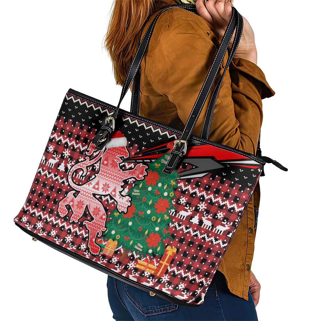 Latvia Christmas Leather Tote Bag with Red Lion, Holiday Tree, and Nordic Pattern Design - Wonder Print Shop