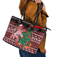 Latvia Christmas Leather Tote Bag with Red Lion, Holiday Tree, and Nordic Pattern Design - Wonder Print Shop