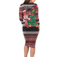 Latvia Christmas Long Sleeve Bodycon Dress with Red Lion, Holiday Tree, and Nordic Pattern Design - Wonder Print Shop