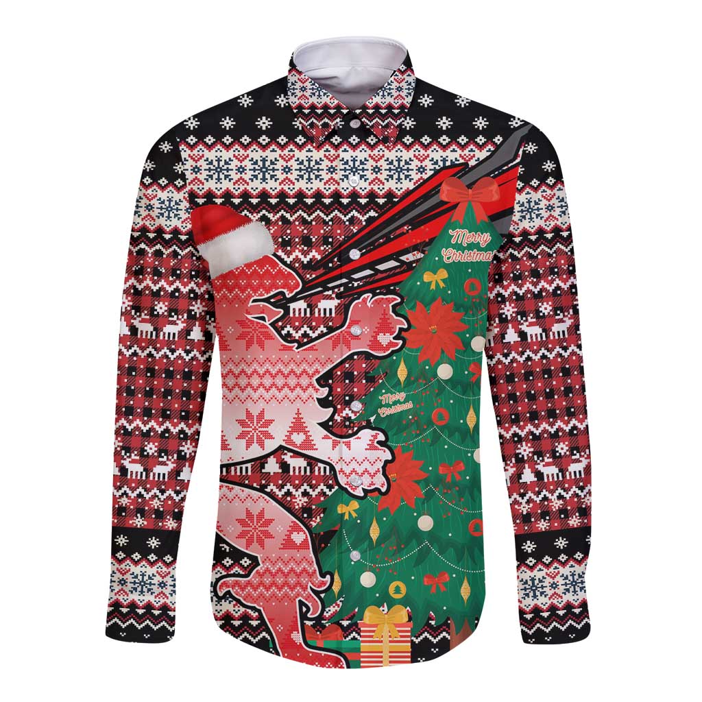 Latvia Christmas Long Sleeve Button Shirt with Red Lion, Holiday Tree, and Nordic Pattern Design - Wonder Print Shop