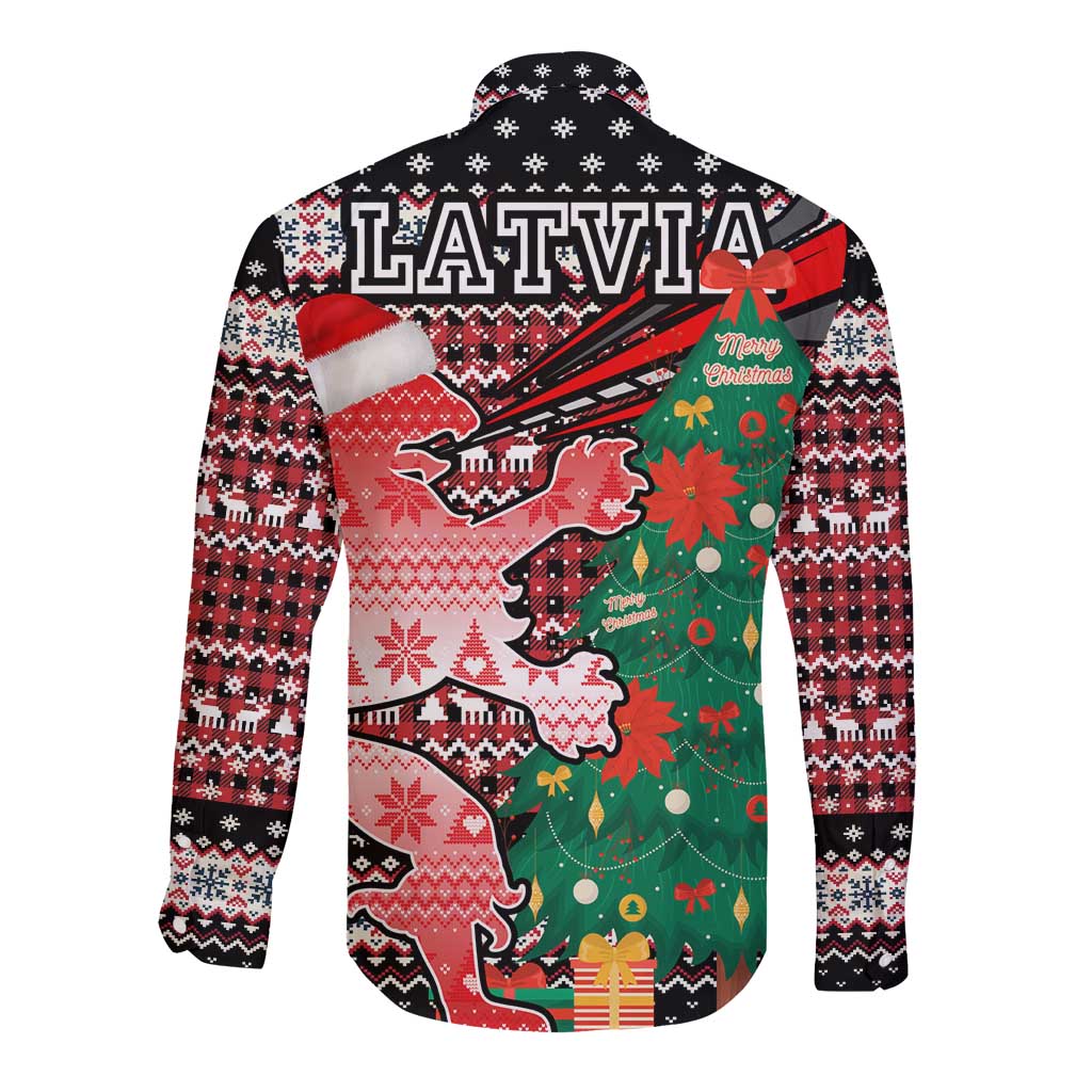 Latvia Christmas Long Sleeve Button Shirt with Red Lion, Holiday Tree, and Nordic Pattern Design - Wonder Print Shop